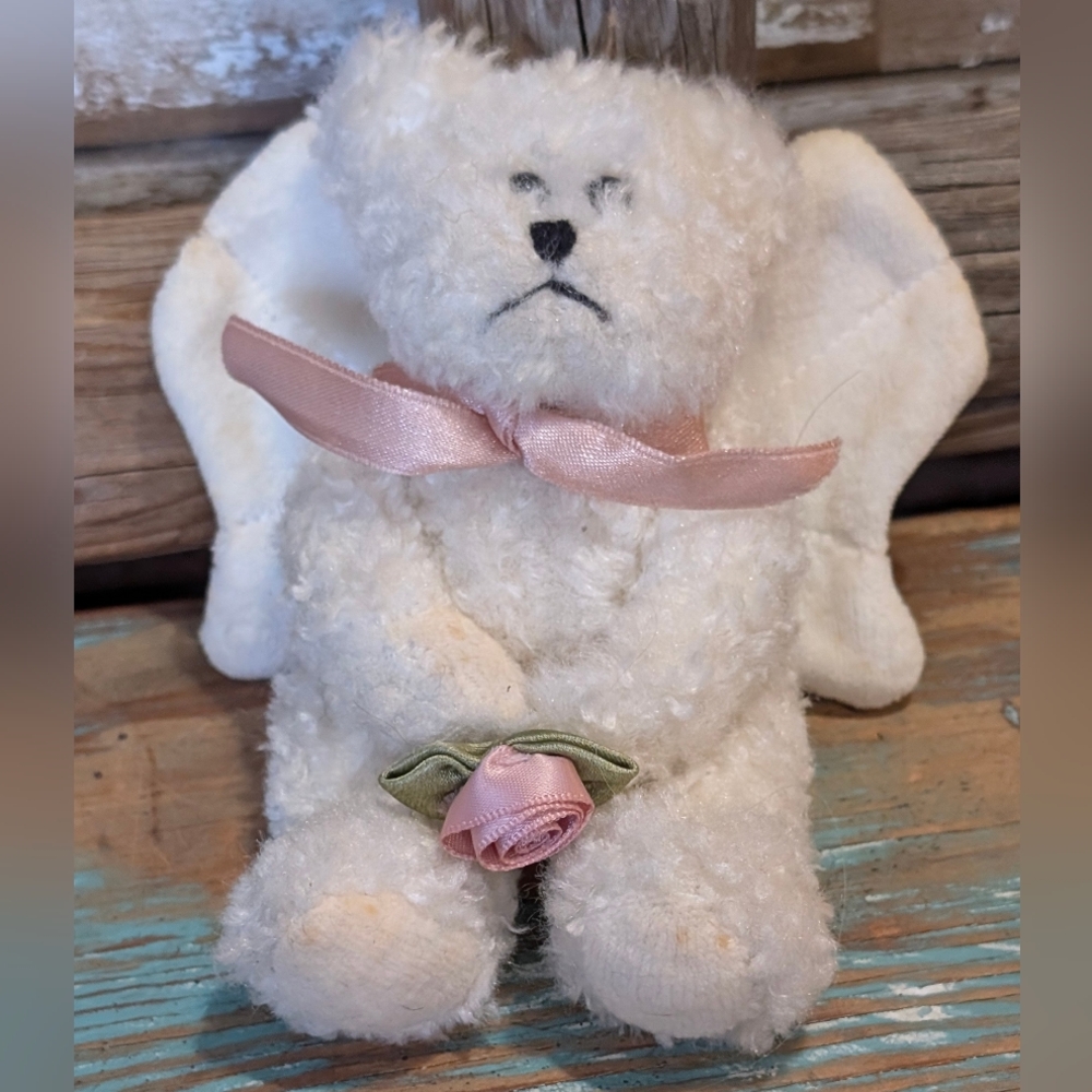 Boyds Bears The Ornament Collection White Plush Angel Bear With Pink Ribbon/Rose - Picture 8 of 9